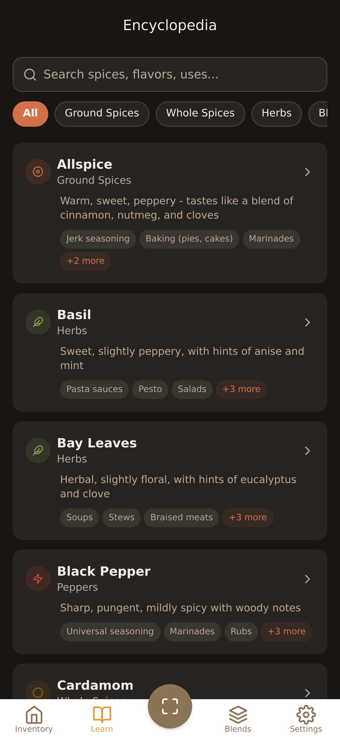 Spice encyclopedia with flavor profiles