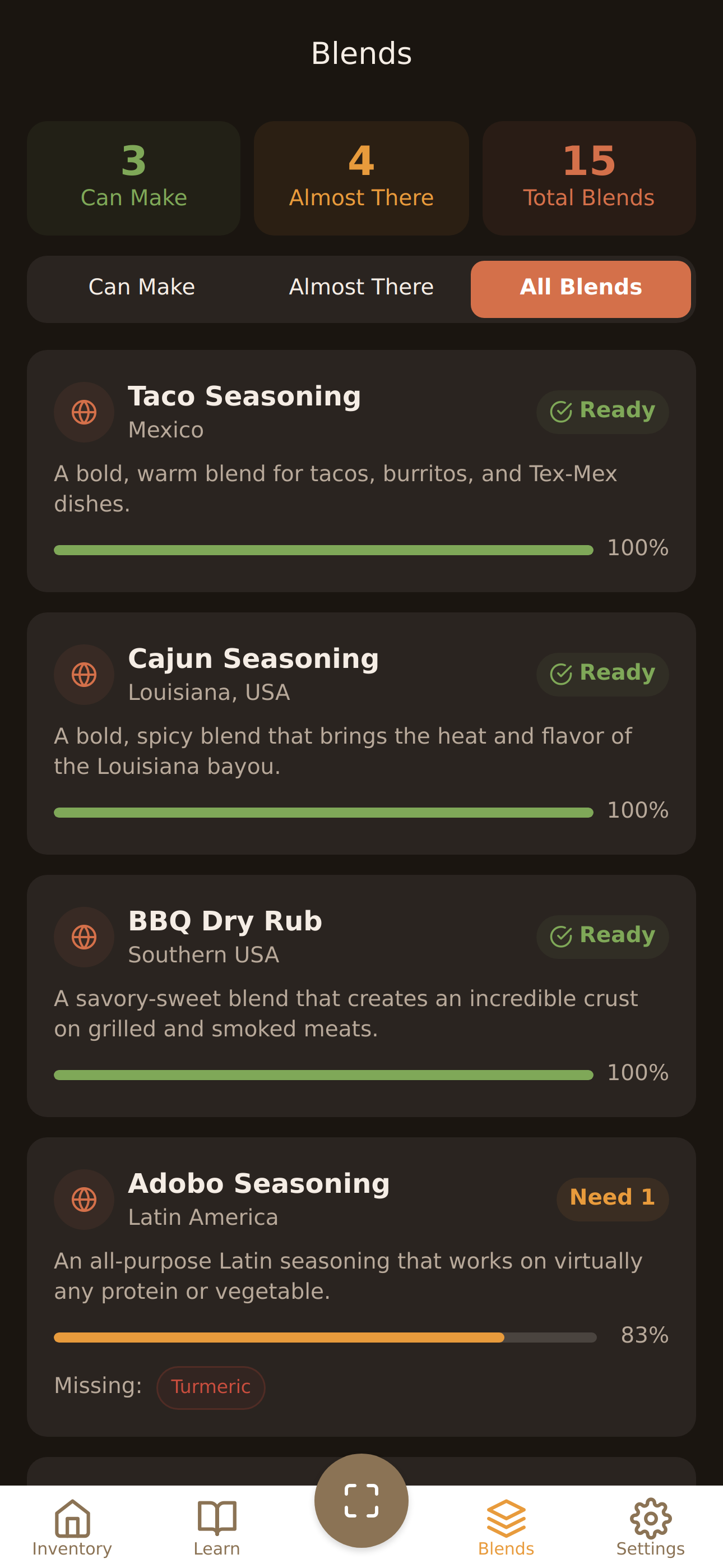 Spice blend recipes with smart matching